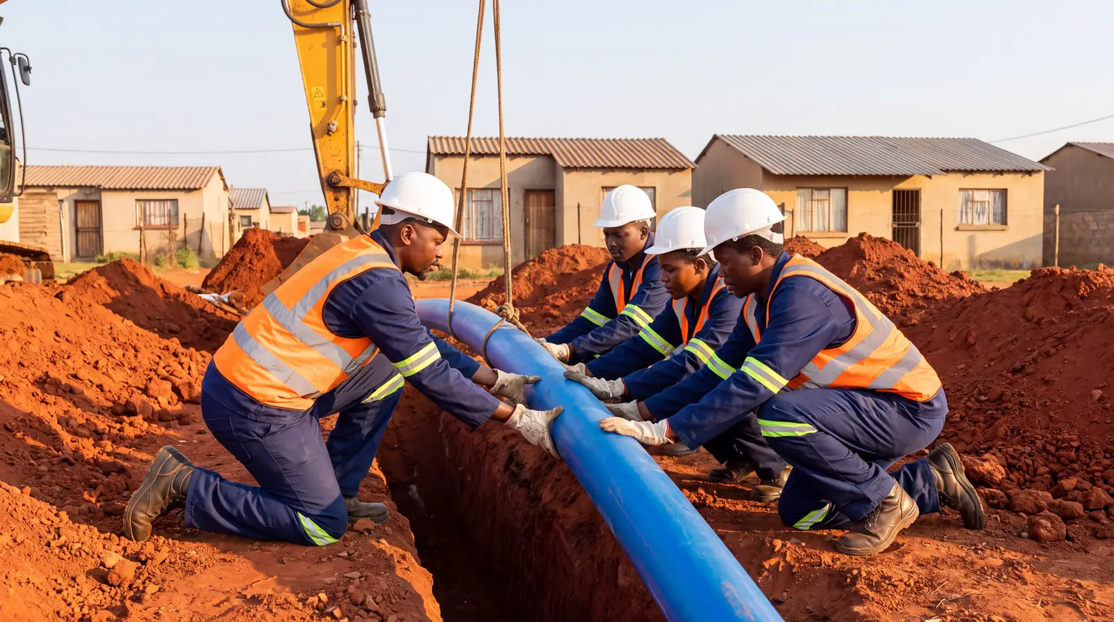 Civil works crew lowering a water pipe into a trench in a residential street