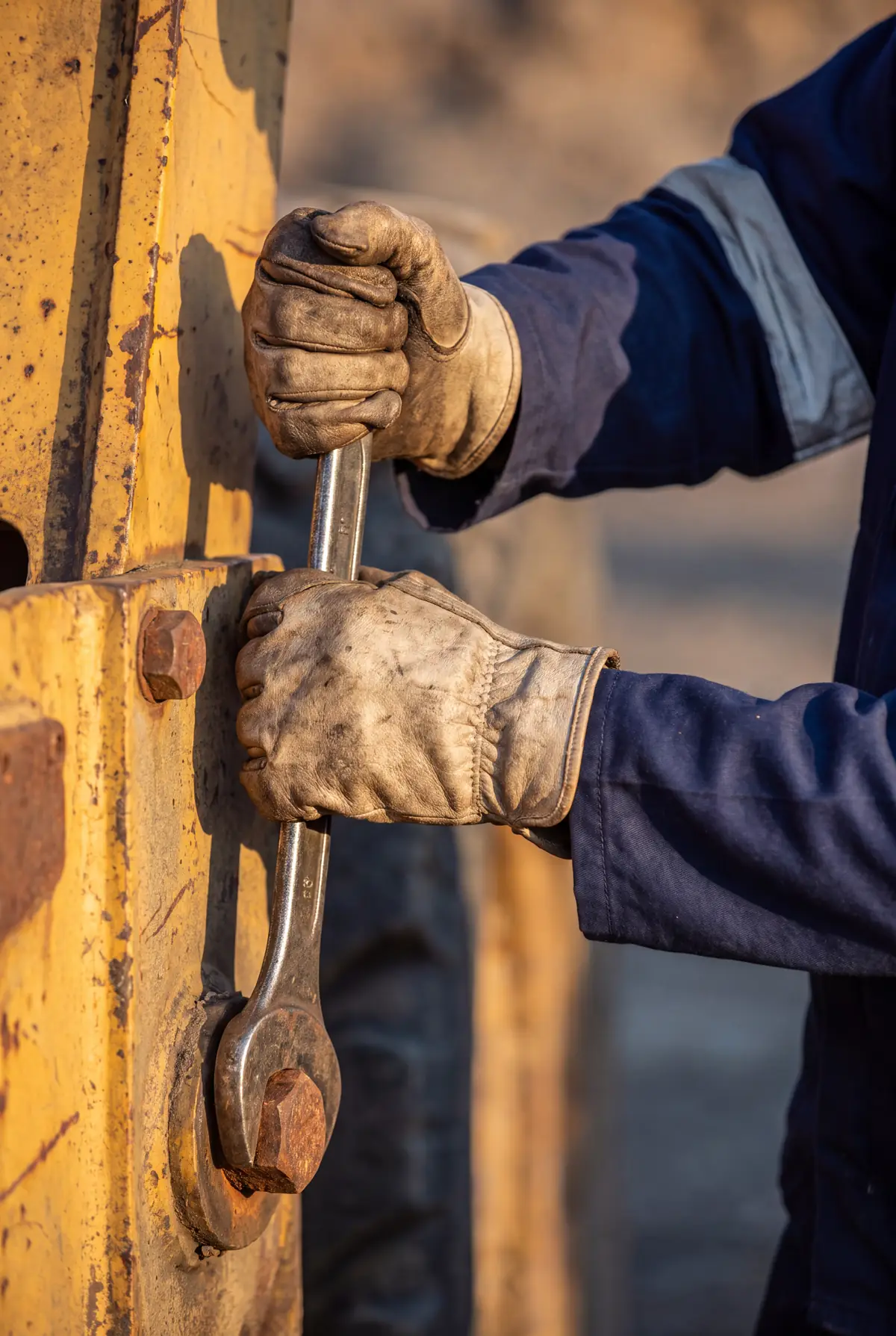 Gloved hands tightening a bolt with a spanner