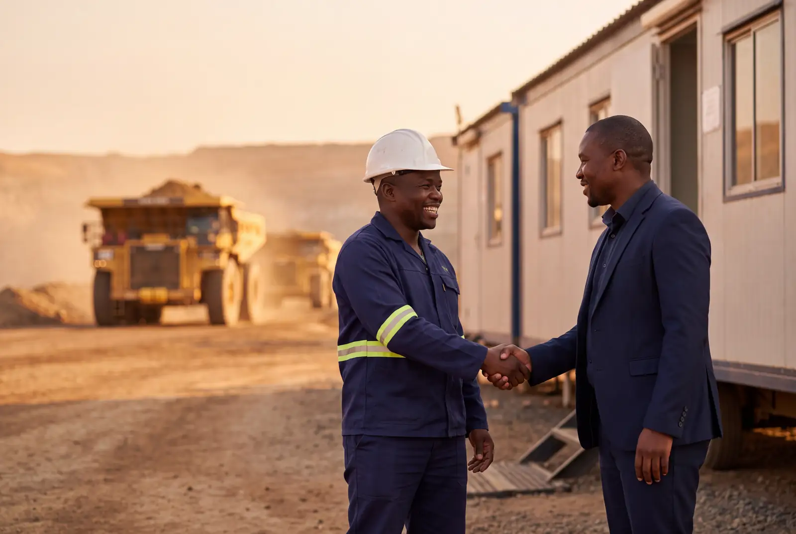 Site supervisor and client shaking hands outside a site office