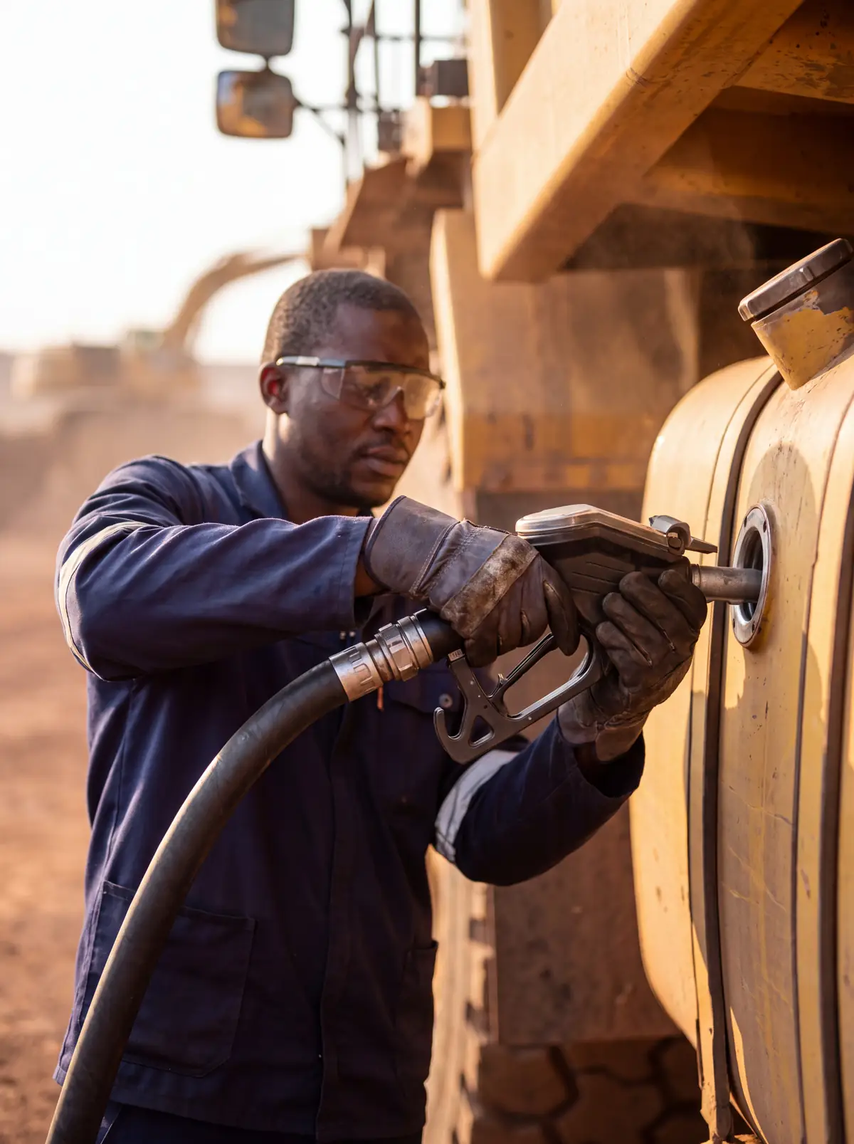 Technician refuelling a haul truck on site