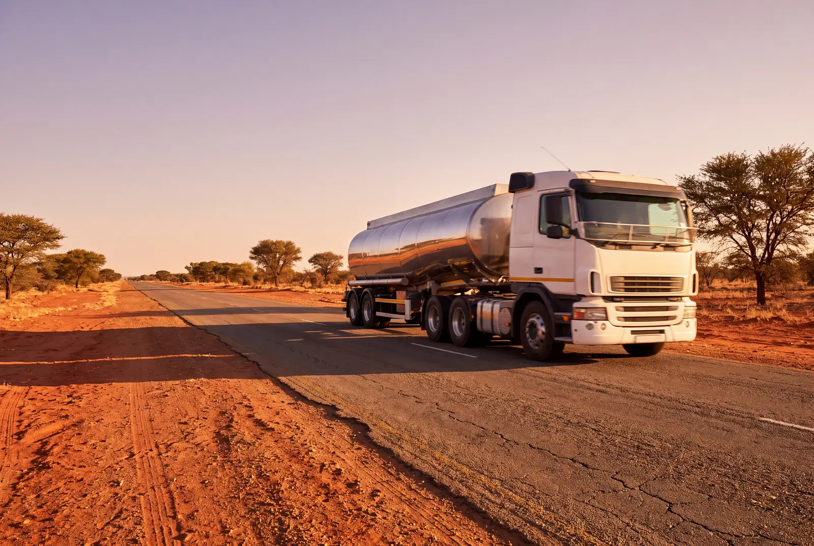 Fuel tanker on a rural road lined with red earth and acacia trees
